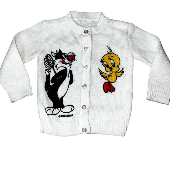 Vintage Warner Bros 90s Looney Tunes Tweety Bird Sylvester Cat cardigan sweater - Picture 1 of 7